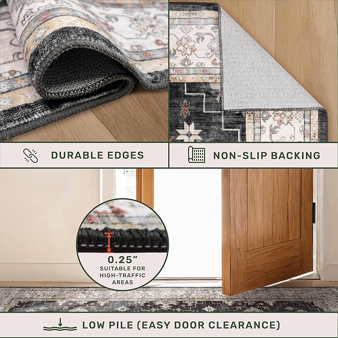 Hazo Haus Boho Dining Room Rugs for Under Table - 7x9 Washable Black Area Rug for Living Room, Low Pile Non-Slip Rugs for Bedroom Under Bed - Charming Farmhouse Decor & Stain Resistance - Black/Multi