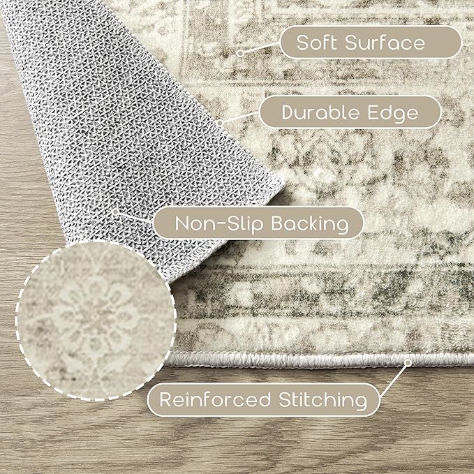 BILEEHOME Boho Kitchen Rug Washable,2x3 Non Slip Farmhouse Neutral Small Area Rug for Bathroom Bedroom Indoor Entrway Ultra Thin Fit Under Door,Tan Brown and Cream Beige