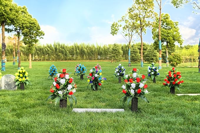 LVXINLI 2 Sets Artificial Cemetery Flowers,Outdoor Grave Decorations Roses,Beautiful Arrangements Bouquet with Cemetery Vase,Lasting and Non-Bleed Colors (White+Red)