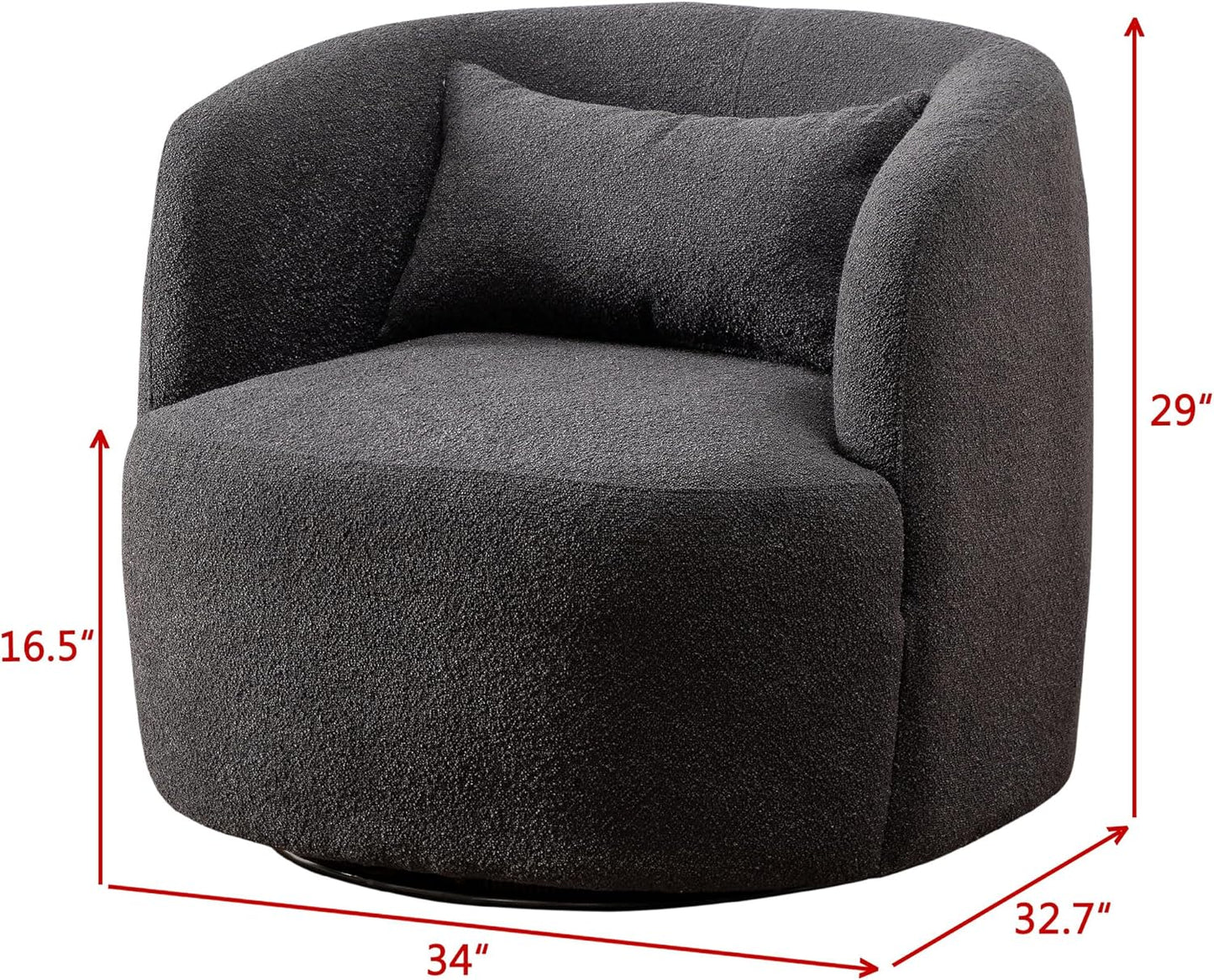 KINWELL 34" Wide Boucle Swivel Barrel Chairs Set of 2, No Assembly Round Upholstered Armchairs Accent Chairs Single Sofa Chair with Toss Pillow for Living Room and Bedroom, Dark Grey