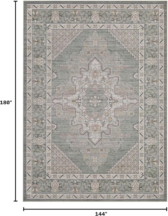 Tortania Area Rug Living Room Rugs - 12x15 Washable Boho Rug Vintage Oriental Distressed Farmhouse Large Thin Indoor Carpet for Living Room Bedroom Under Dining Table Home Office - Green Gray
