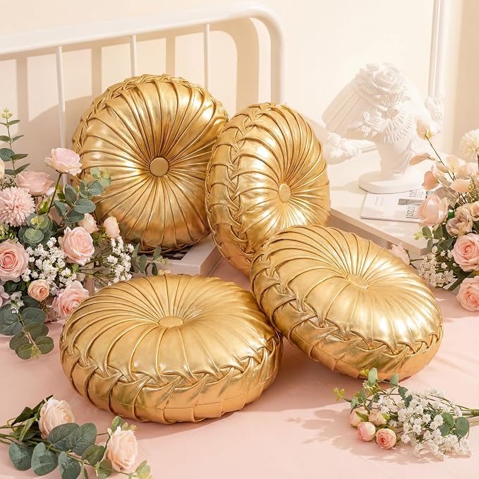 Drydiet 4 Pcs Round Throw Velvet Pillows Decorative Pleated Throw Pillows Diameter Accent Pumpkin Boho Chair Cushion for Couch Sofa Home Decoration (Gold,15'')