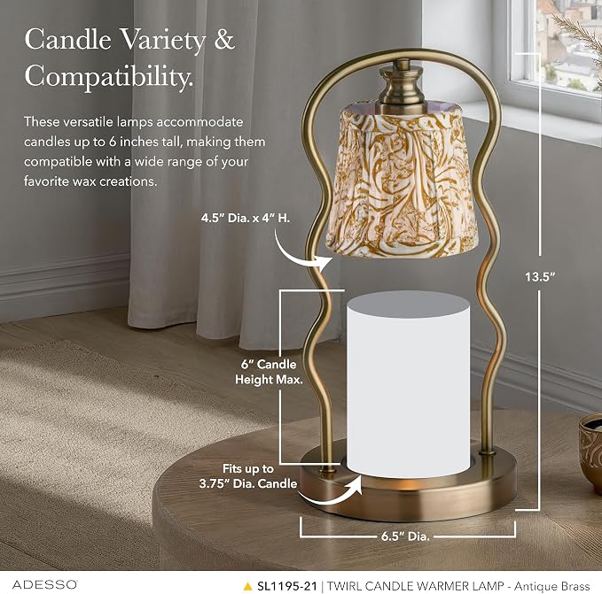 Candle Warmer Lamp – Flameless Candle Melter with Adjustable Timer & Dimmable Light, Bulb Included, Antique Brass Base & Beige Floral Printed Shade, for Home, Dorm, or Office
