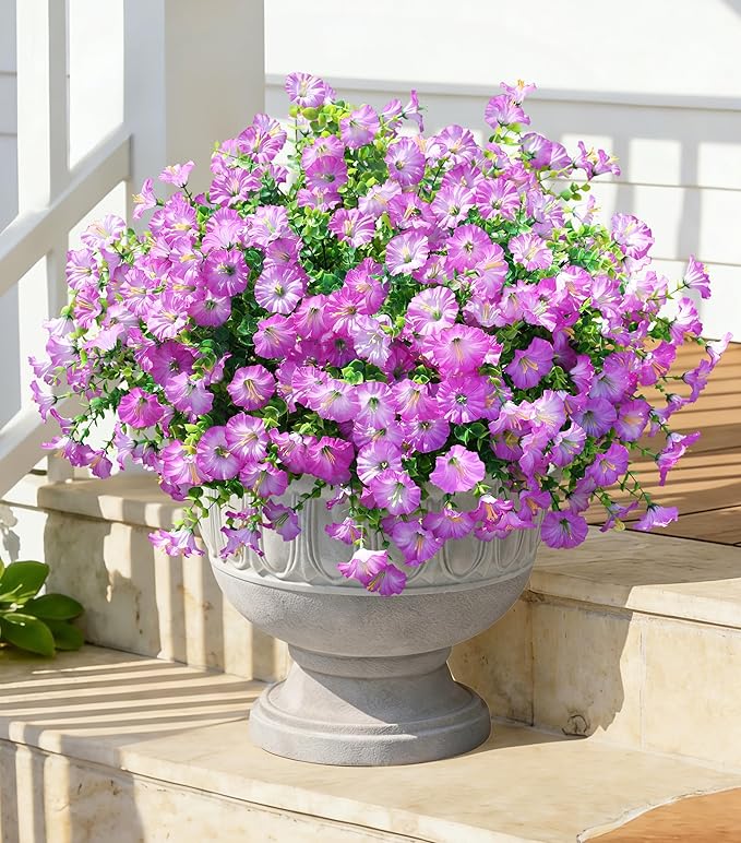 Artificial Flowers Fake Plants for Outdoors Decoration, 12 Bundles Purple Silk Morning Glory with Eucalyptus Realistic UV Resistant Faux Flowers Greenery for Outside Planter Yard Garden Home Indoor
