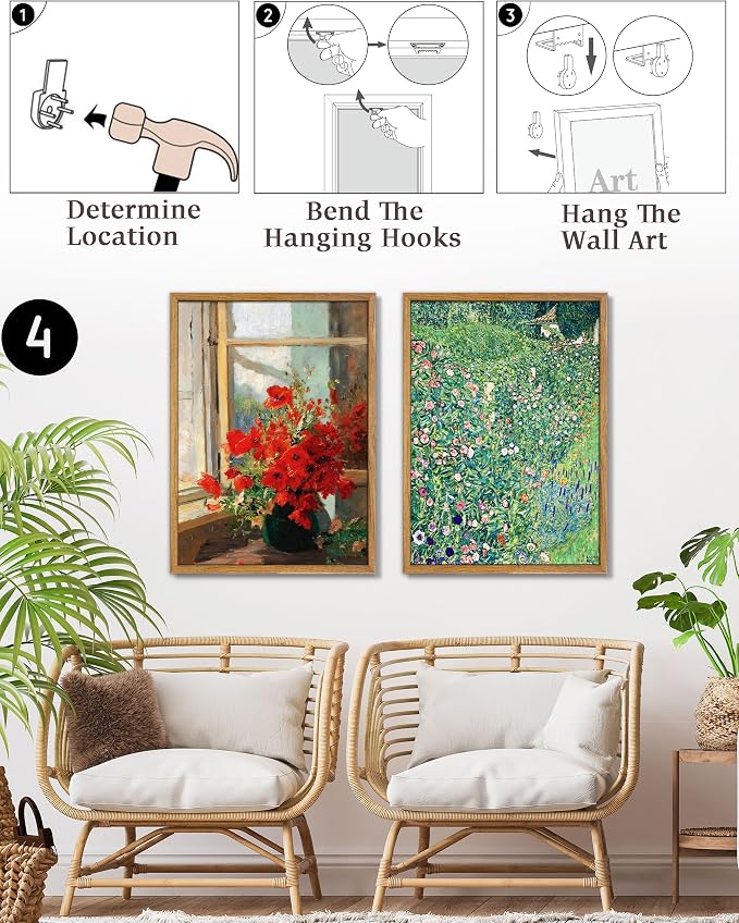UPWOIGH Red Poppy Framed Impressionist Wall Art, 16 x 24 Inch | Red Poppy Bouquet by a Sunlit Window, Impressionist Oil Painting Style, Warm Wood Frame for Living Room and Bedroom