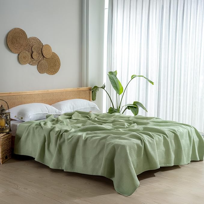 100% Turkish Cotton Blanket Queen Size Waffle Weave Blankets, Made in Turkiye, Light Airy Throw Bedspread (Mint Green, Queen Size Blanket 90 x 90 inch)