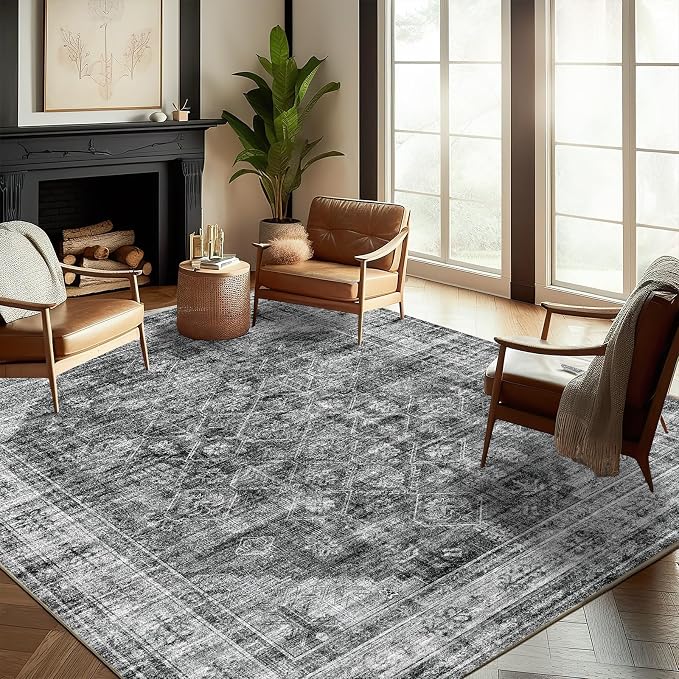 CHAMPLANT Washable Area Rug 9'x12' Retro Boho Design Non-Shedding Easy Care Ideal for High Traffic Areas in Living Room Bedroom Office Coffee Table Kitchen Large Carpet