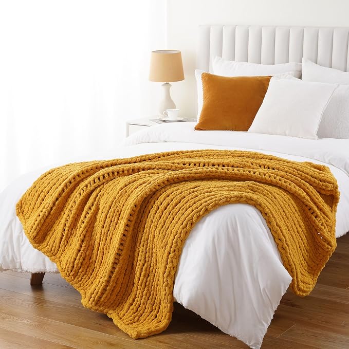 Battilo Mustard Yellow Chunky Knit Throw Blanket, Soft and Thick Chenille Throw Blanket, 50"x60" Handmade Cable Knit Crochet Blanket, Rope Knot Knitted Fall Throw Blankets for Couch Home Decor