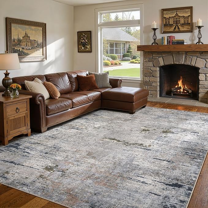 DMOYEST Area Rug Living Room Rugs - 9x12 Washable Large Soft Indoor Neutral Modern Abstract Low Pile Rug Carpet for Bedroom Dining Room Farmhouse Home Office - Blue/Grey/Brown