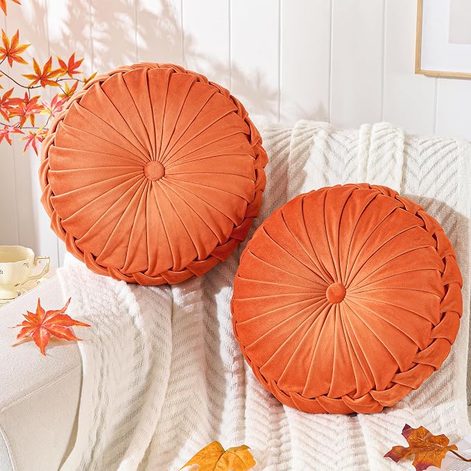 ROSE&RISY Round Pleated Velvet Throw Pillows, 2 Pack Decorative Accent Pumpkin Pillow Cushion for Couch Sofa Bed, Soft Plush Retro Vanity Throw Pillows for Home Decor, 14.5 Inch, Orange