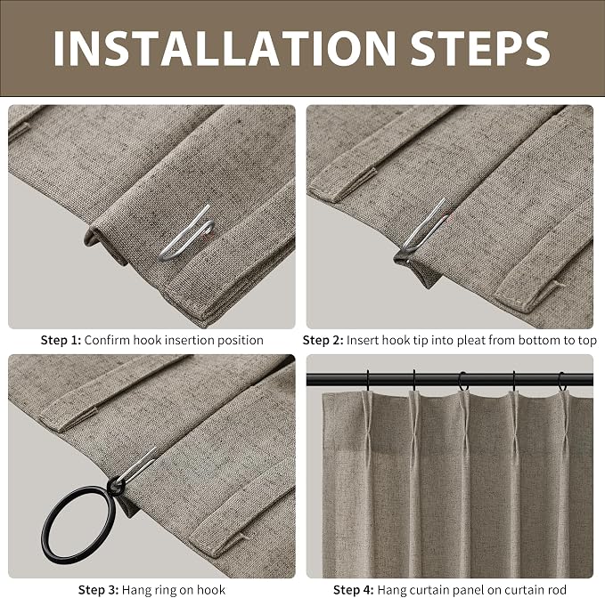 Dark Taupe Pinch Pleated Linen Curtains 102 Inches Long 2 Panels for Living Room Bedroom Vintage Neutral Modern Back Tab Privacy Light Filtering Semi Sheer Pinch Pleat Drapes with Hooks Rings 40x102