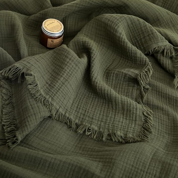 FOSSA Muslin Blanket 4-Layer 100% Cotton Gauze Blanket with Fringe 90"x90" | Super Soft Breathable Lightweight All Season & Decorative Blanket or Bed, Sofa, Office (Olive Green, Queen)