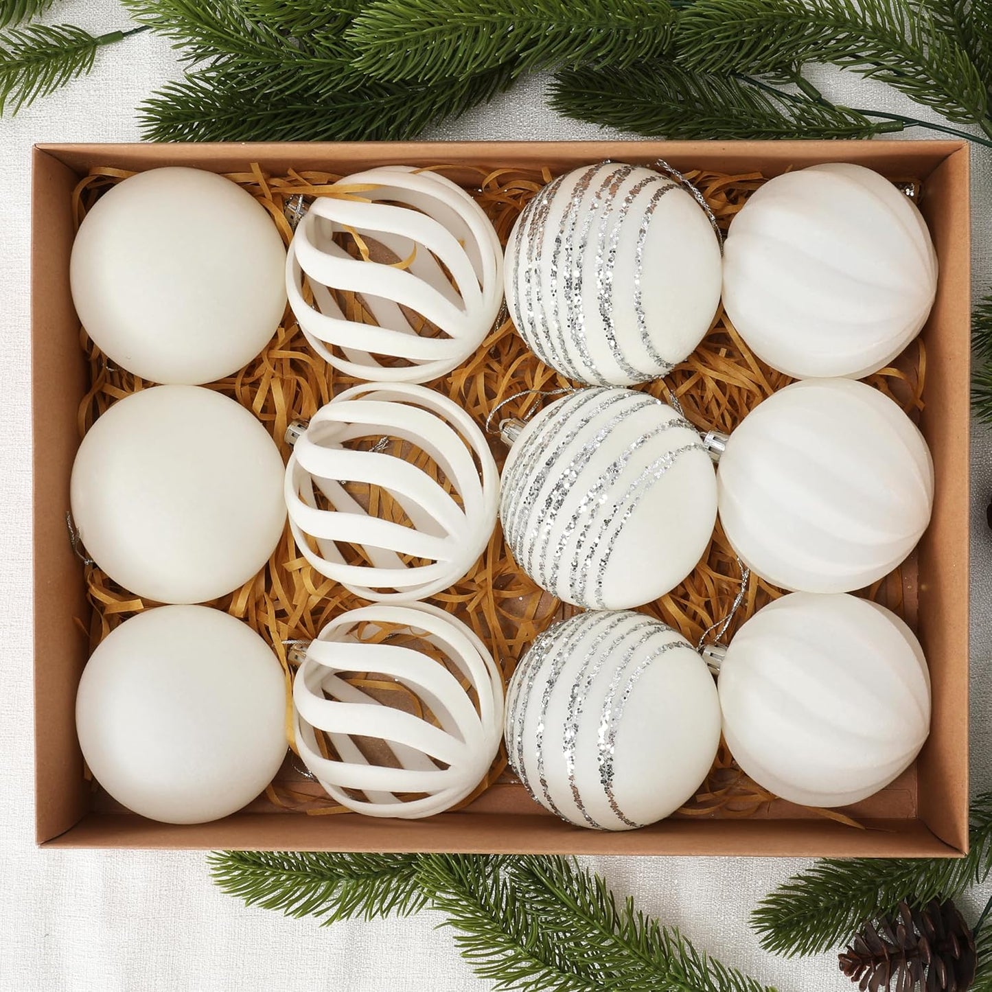 Christmas Ornaments Set of 12, 3.15" Flocked Velvet Balls with Hand Painted Designs, White Elegant Christmas Tree Decorations in Gift Box