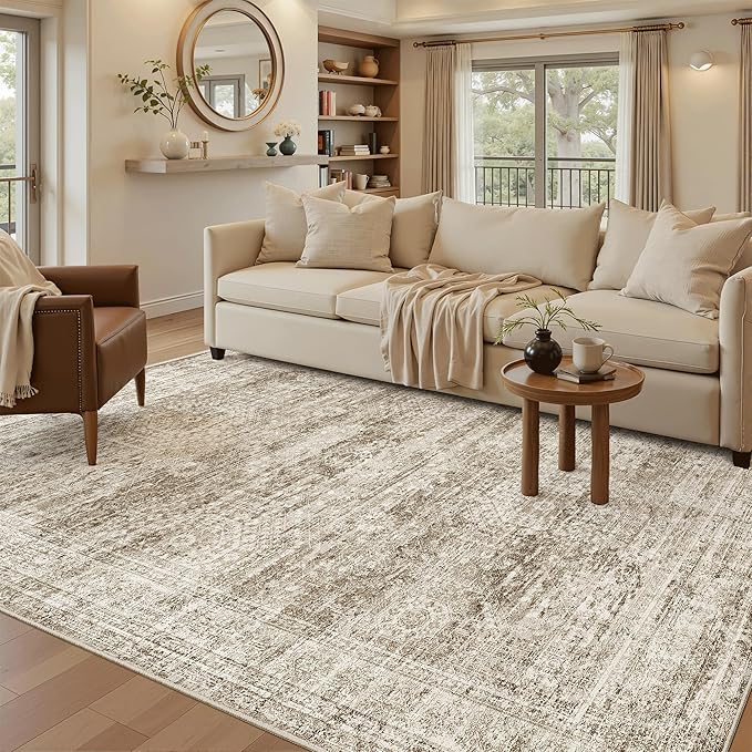Soalmost 7x9 Area Rug for Living Room Washable Abstract Vintage Soft Thin Indoor Floor Non-Slip Carpet for Bedroom Dining Room Brown