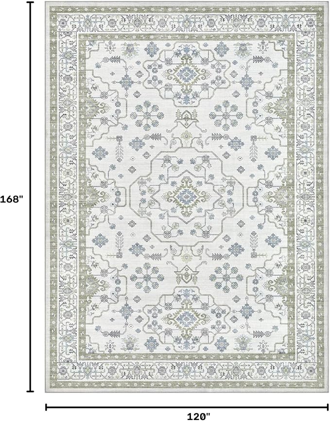 Area Rug 10x14 for Living Room - Washable Oriental Vintage Floral Distressed Large Indoor Carpets with Non Slip Back for Bedroom Dining Room Nursery Office Home Decor -Light Green