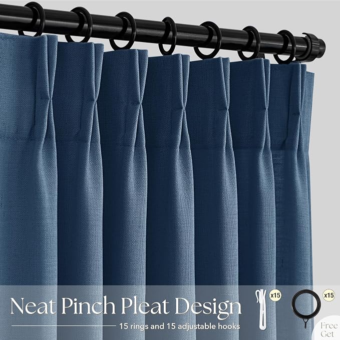 Pinch Pleated Navy Blue Linen Curtains 63 inch Length for Living Room 2 Panel Set Light Fitering Semi Sheer Navy Window Curtain Pinch Pleate with Hooks Farmhouse Bedroom Long Drapes 63