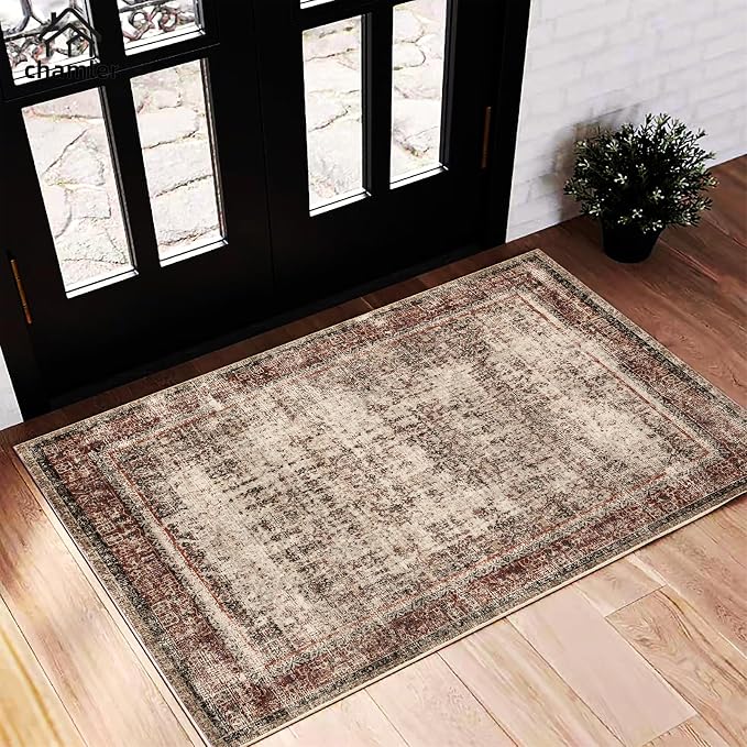 chamler 2x3 Area Rug Washable Door Mat Vintage Doormat Indoor Entrance Traditional Thin Floral Print Non Slip Rugs for Kitchen Bathroom Bedroom Living Room