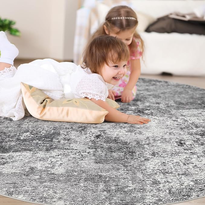 DMOYEST 10ft Round Area Rug Living Room Rugs - 10x10 Washable Circle Rug Large Soft Indoor Neutral Modern Abstract Low Pile Carpet for Bedroom Dining Room Farmhouse Home Office - Grey
