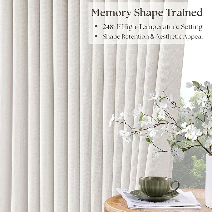 112 Inch Pinch Pleated Blackout Linen Curtains for Bedroom 2 Panels Memory Trained 100% Black Out Soundproof Room Darkening Ivory Cream White Window Curtains Double Layer Pinch Pleat Drapes