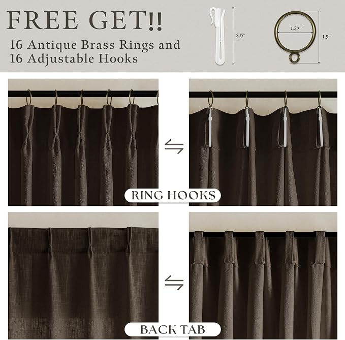 Dark Chocolate 105 Inch Pinch Pleated Linen Curtains 2 Panels Set for Living Room Bedroom Boho Farmhouse Light Filtering Semi Sheer Back Tab Pinch Pleat Hooks Rings Window Curtain 105 Inches Long