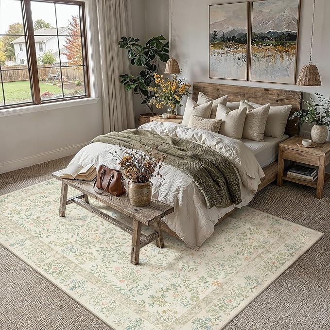 PureCozy 8x10 Light Green Area Rug for Living Room Bedroom Washable Vintage Floral Carpet Low Pile Non Slip Botanical Aesthetic Large Dining Room Soft Accent Throw Rug Nursery Office Indoor