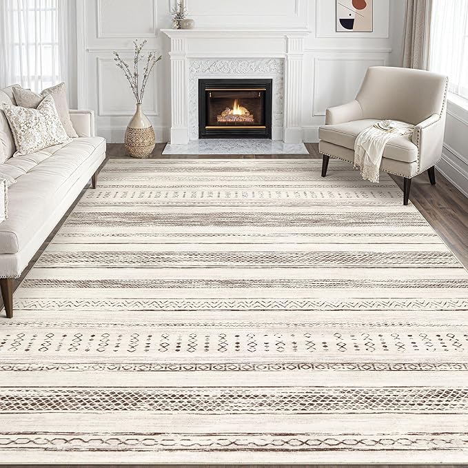 Tortania Area Rug Living Room Rugs - 9x12 Washable Large Soft Neutral Boho Moroccan Bohemian Farmhouse Rug Indoor Floor Carpet for Bedroom Under Dining Table Home Office Decor - Brown Beige