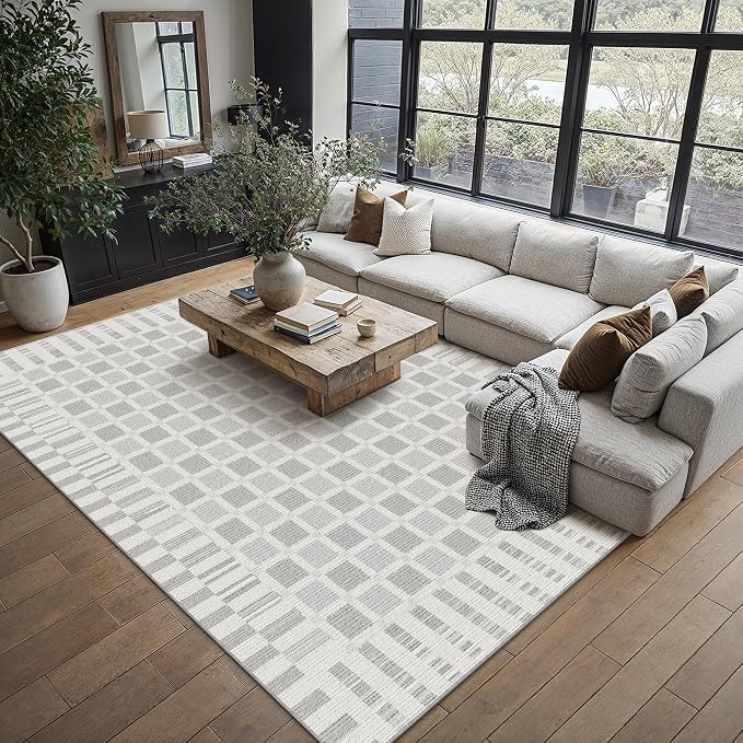 PureCozy Machine Washable Gray 8x10 Area Rugs for Living Room Modern Soft Large Checkered Rug Non-Slip Low Pile Accent Indoor Office Carpet for Bedroom Dining Room Nursery Classroom