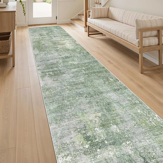 Soalmost Runner Rug 2x12 Washable Non-Slip Hallway Runner Rugs for Kitchen Bathroom Laundry Room Green/Ivory Vintage Floor Carpet Runners for Hallways Entryway