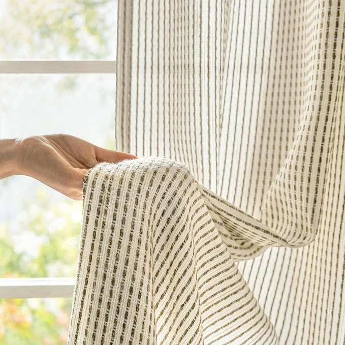 DriftAway 3D Chenille Striped Curtains 90 Inches Long Tweed Linen Textured Light Filtering Woven Embroidered Luxury Soft Drapes for Living Room Bedroom Grommet Privacy 2 Panels W52 x L90 Green Gray