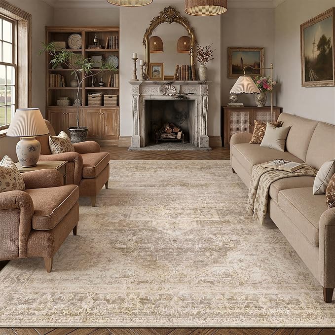 8x10 Washable Neutral Area Rug Beige Vintage Living Room Bedroom Carpet Non-Slip Soft Low Pile Oriental Indoor Large Throw Rug for Dining Room Office