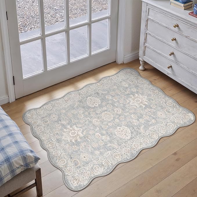 2x3 Blue Cream Washable Scalloped Area Rug for Entryway Neutral Floral Soft Non Slip Small Carpet Low Pile Distressed Door Mat for Entrance Bathroom Bedroom Indoor
