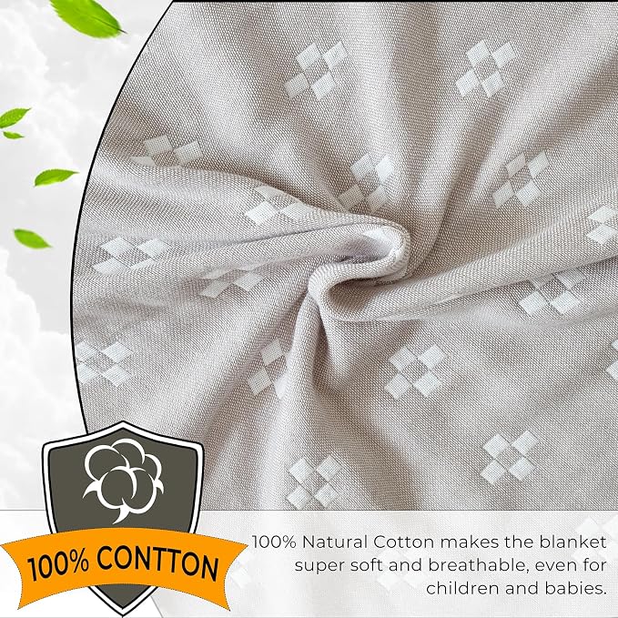 100% Cotton Muslin Blanket, Soft Reversible 4-Layer Gauze Cotton,Checkered Blanket for Couch Twin Size Bedspread Room Decor Pinic Blanket, 60"×80", Grey/Off White