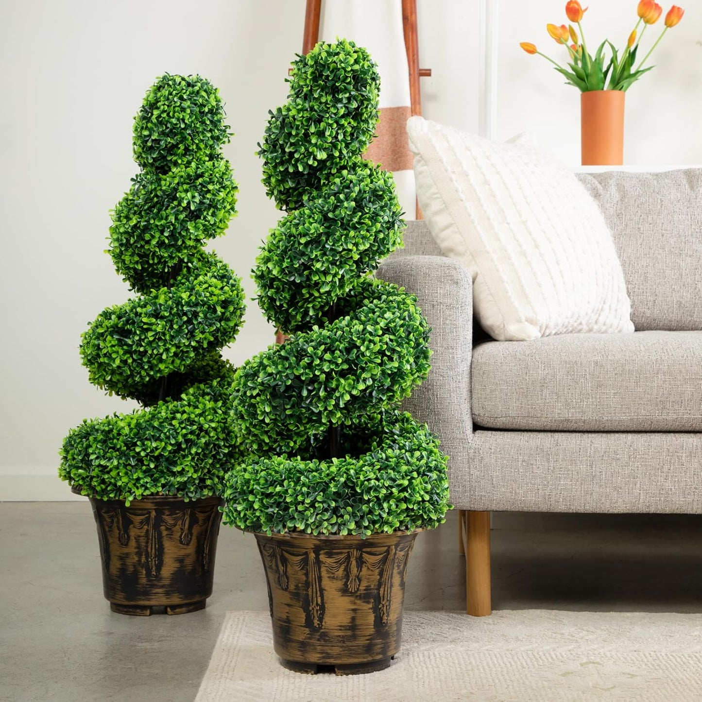 2-Pack Faux Boxwood Spiral Topiary Trees - 3ft Tall - Planter Included - Artificial Plants for Indoors or Outdoors - Realistic Dense Green Leaves with UV and Weather Protection