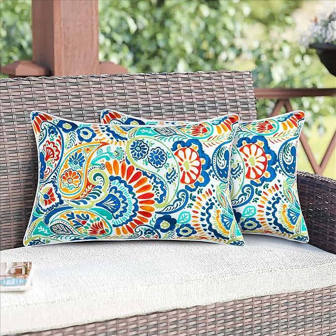 Magpie Fabrics Set of 2 Lumbar Throw Pillow with Insert 12x20 Inch, Outdoor Rectangular Waterproof Home Decorative Toss Cushion for Patio Garden Car Office - Paisley Multi