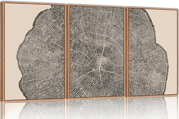 SIKERIC 3 Piece Wood Tree Ring Wall Art, (24X36 inch) Black and White Print Wall Art Set, Large Framed Canvas Art Wall Decor, Modern Abstract Nature Art Paintings for Living Room, Bedroom, Office