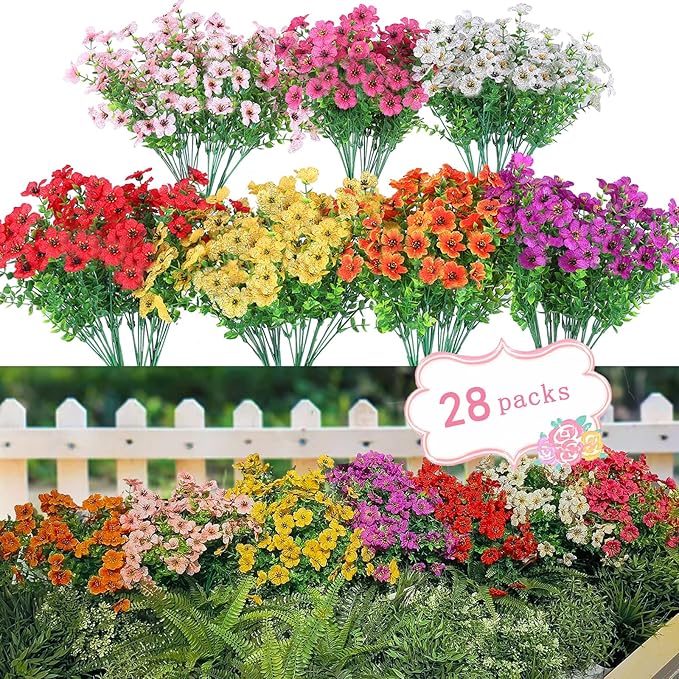 WEAUSUP 28 Bundles Artificial Plants & Flowers Silk Fake Flowers UV Resistant Bushes Plastic Artificial Flowers Faux Outdoor Indoor Plants for Spring Summer Patio Decorations(7 Colors)
