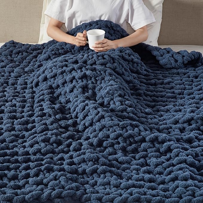 Madison Park Chenille Chunky Knit Handmade Throw Blanket, Luxuriously Soft Gift Blankets, Cottage Style Room Décor, Lightweight & Breathable All Seasons Throw Blanket for Couch, 50"W x 60"L Navy Blue