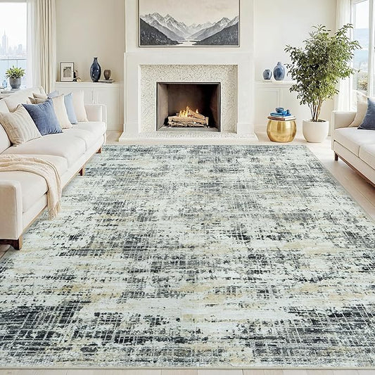 8x10 Area Rugs for Living Room Washable Rug: Anti-Skid Abstract Modern Living Room Rug Soft Thin Carpets Indoor Floor Non-Shedding Carpet for Bedroom Dining Farmhouse Nursery Black Gray Gold