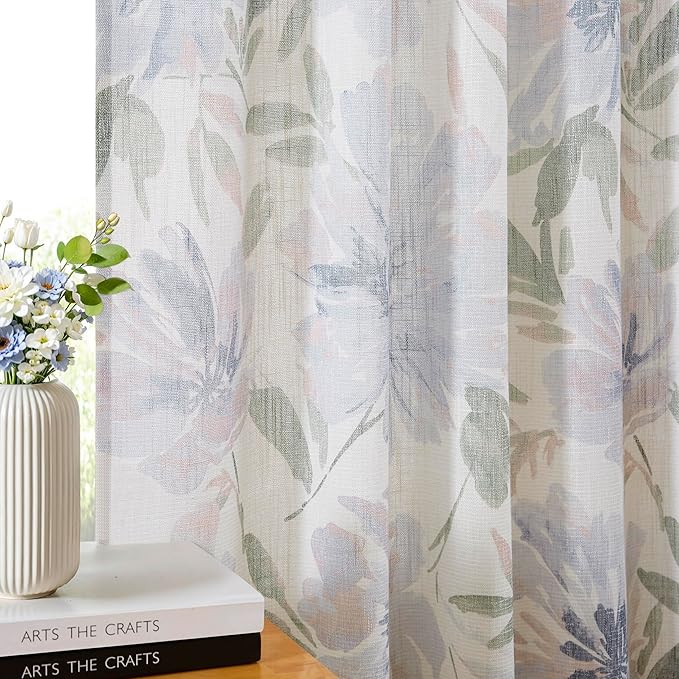 Kayne Studio Pinch Pleated Light Filtering Curtains Floral Semi Sheer Drapes for Living Room Bedroom 84 Inches Long Blue Flower Printed Botanical Pattern Back Tab Window Treatment Set,40"x84",2 Panels
