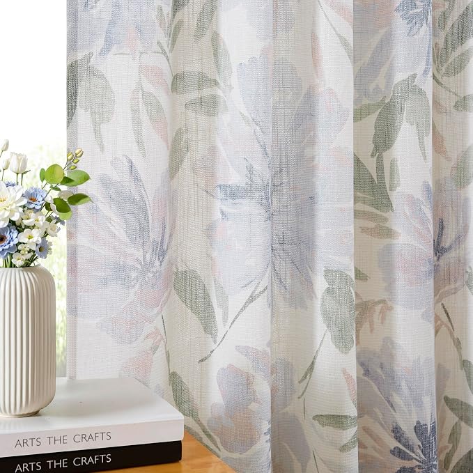 Kayne Studio Pinch Pleated Light Filtering Curtains Floral Semi Sheer Drapes for Living Room Bedroom 95 Inches Long Blue Flower Printed Botanical Pattern Back Tab Window Treatment Set,40"x95",2 Panels