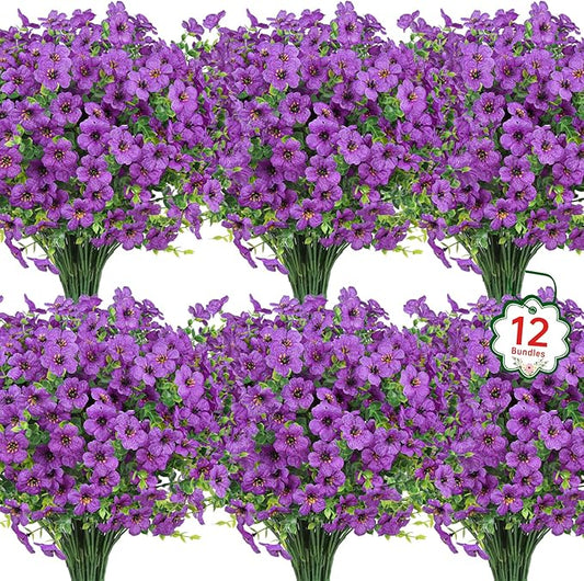 Ouddy Decor 12 Bundles Artificial Flowers for Outdoors Fake Silk Flowers UV Resistant Faux Plastic Plants for Spring Summer Garden Porch Window Box Table Vase Home Indoor Outdoor Decoration, Purple