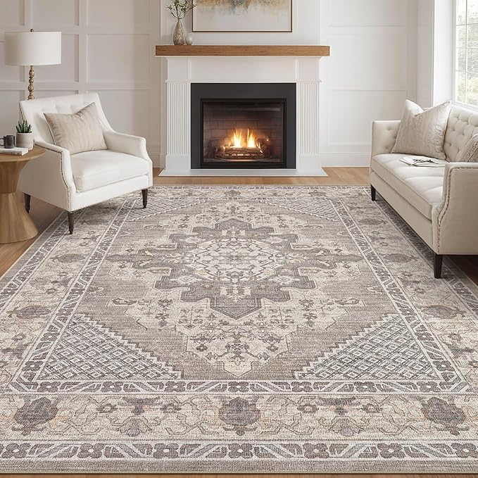 Tortania Area Rug Living Room Rugs - 8x10 Washable Boho Rug Vintage Oriental Distressed Farmhouse Large Thin Indoor Carpet for Living Room Bedroom Under Dining Table Home Office - Taupe Brown