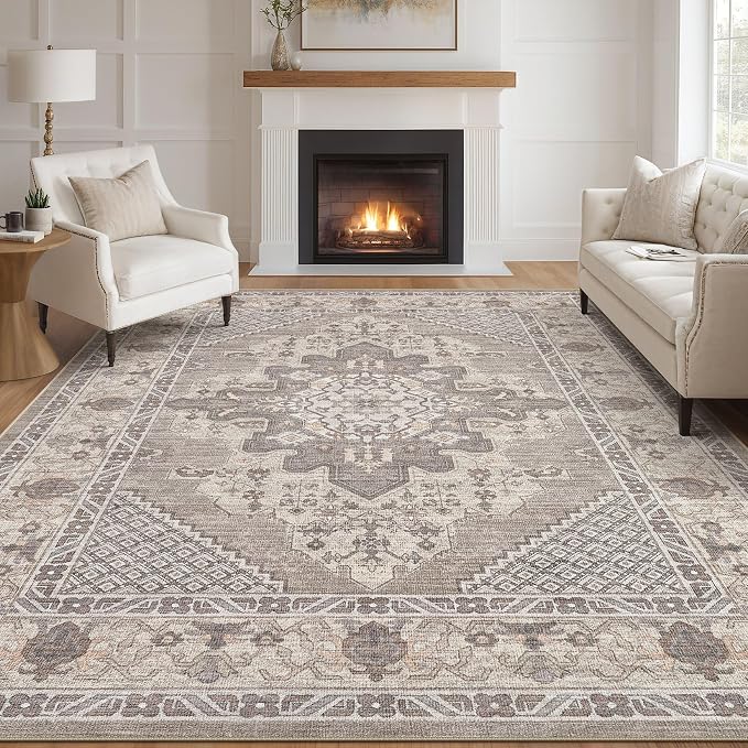 Tortania Area Rug Living Room Rugs - 7x9 Washable Boho Rug Vintage Oriental Distressed Farmhouse Large Thin Indoor Carpet for Living Room Bedroom Under Dining Table Home Office - Taupe Brown