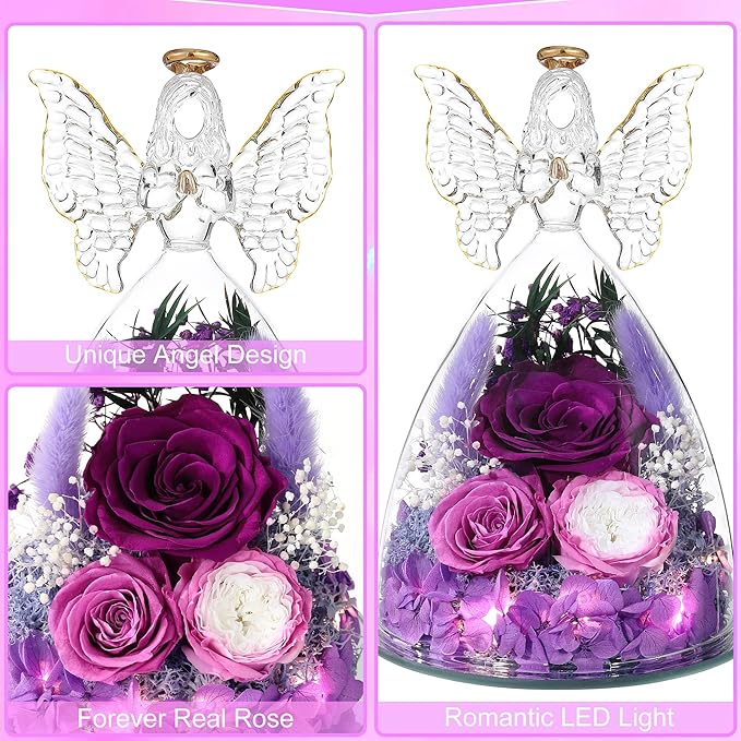 Mothers Day Rose Gifts for Women Preserved Real Flower in Glass Angel Figurines Roses for Delivery Prime Birthday Gifts for Mom Grandma Girlfriend Wife Her, Purple Austin Roses