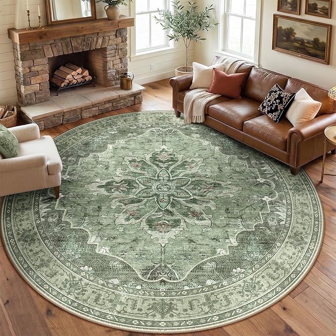 RELEANY Area Rugs 8ft Washable Non-Slip, Floral Vintage Distress Print Pattern Medallion Carpet for Living Room Bedroom Dining Room, Dark Green Gray
