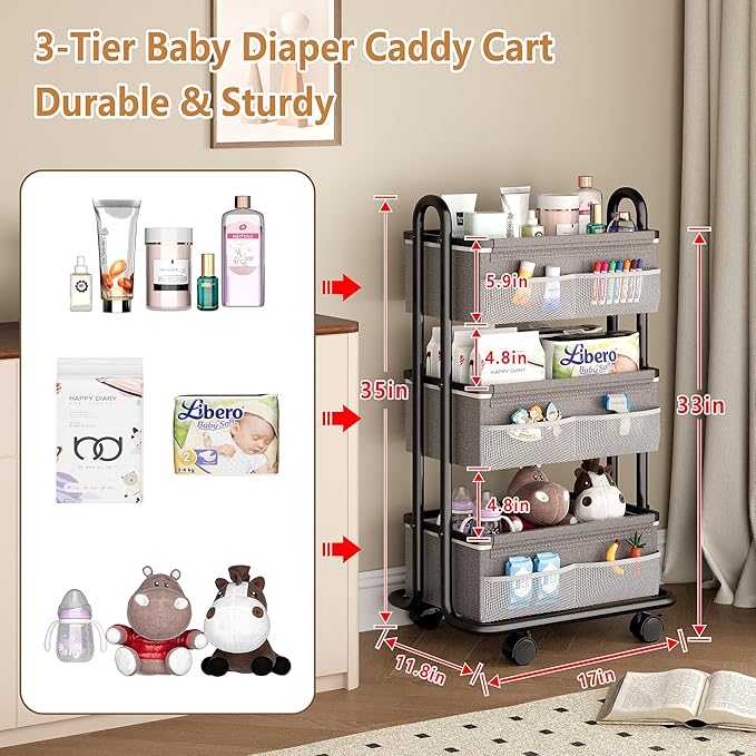 3-Tier Baby Diaper Caddy Organizer Cart, Mobile Nursery Storage Carts with Wheels, 3 Dividers & 6 Mesh Pockets Durable Metal Utility Cart for Nursery, Bedroom, Bathroom, Baby Essentials Organization