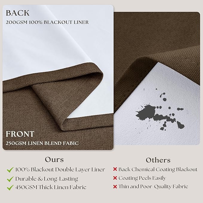 120 Inch Pinch Pleat Drapes Brown Room Darkening Curtains 120 Inches Long for Bedroom Rustic Cottagecore 100% Blackout Thick Linen Double Layer Pleated Curtain 2 Panels Set Dutch Cocoa Decor