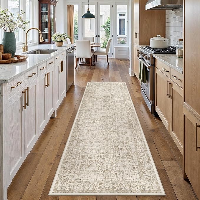 PureCozy Light Brown Runner Rug 2'6"x14' Washable Carpet for Hallway Kitchen Vintage Distressed Non Slip Indoor Retro Floral Bedroom Accent Throw Long Rug Bathroom Office Laundry Dining Living Room