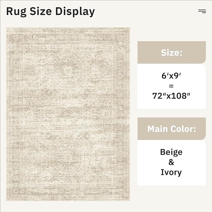 Soalmost 7x9 Area Rug for Living Room Washable Abstract Vintage Soft Thin Indoor Floor Non-Slip Carpet for Bedroom Dining Room Beige