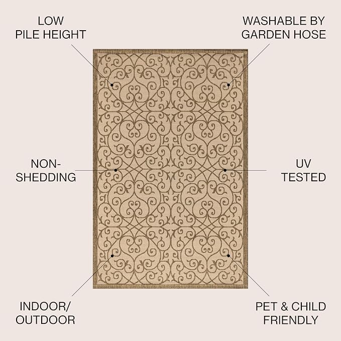 JONATHAN Y Vintage Filigree Indoor Outdoor Round Area Rug 5 Ft Beige/Brown, Madrid Textured Weave for Backyard, Patio, Porch, Easy-Cleaning, High Traffic, Pet-Friendly, Non-Shedding (SMB107B-5R)